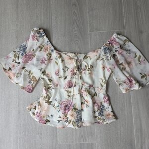 Hem & Thread Floral Peplum Blouse - Pink and Cream
